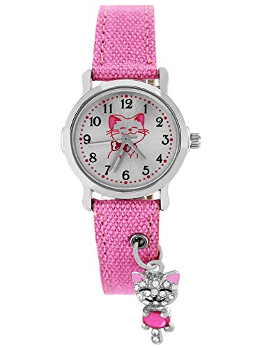 Pacific Time Kinder Armbanduhr Mädchen funkelnder Anhänger Katze am Textilarmband rosa Analog Quarz 87255 von Pacific Time