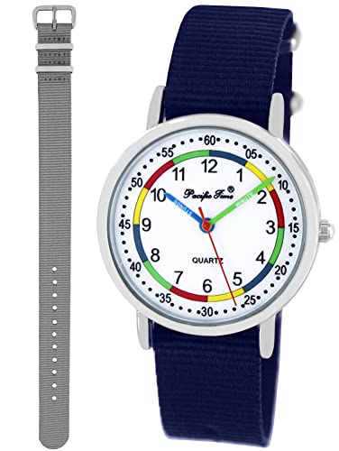 Pacific Time Kinder Lernuhr Analog Quarz mit 2 Textilarmband 10006 Blau Grau von Pacific Time