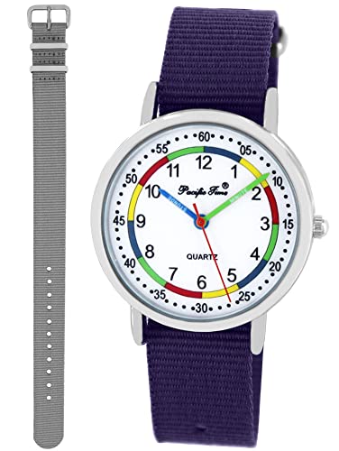 Pacific Time Lernuhr Mädchen Jungen Kinder Armbanduhr 2 Armband violett + grau analog Quarz 10010 von Pacific Time