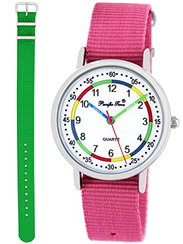 Pacific Time Kinder Lernuhr Mädchen Jungen 2 Textilarmband rosa + grün Analog Quarz 10014 von Pacific Time