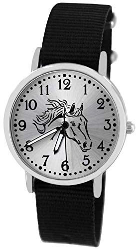 Pacific Time Mädchen Armbanduhr Uhr Pferd Pferdemotiv analog Quarz mit Textilarmband schwarz 10407 von Pacific Time