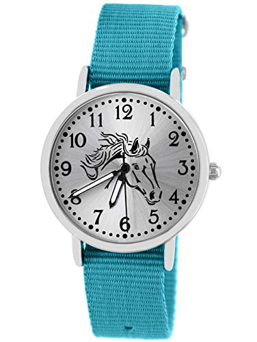 Pacific Time Mädchen Armbanduhr Uhr Pferd Pferdemotiv analog Quarz mit Textilarmband hellblau 10408 von Pacific Time