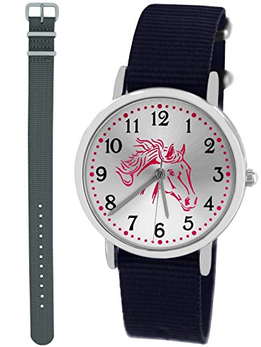 Pacific Time Mädchen Armbanduhr Uhr Pferd Pferdemotiv analog Quarz 2 Textilarmband Blau Grau 10021 von Pacific Time