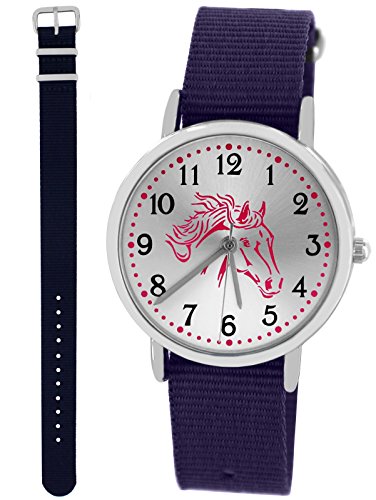 Pacific Time Mädchen Armbanduhr Uhr Pferd Pferdemotiv analog Quarz 2 Textilarmband Violett Blau 10026 von Pacific Time