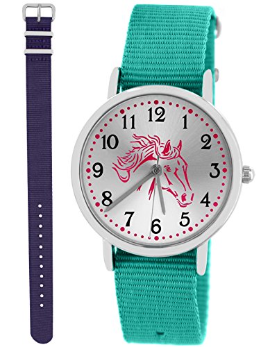 Pacific Time Mädchen Armbanduhr Uhr Pferd Pferdemotiv analog Quarz 2 Textilarmband Türkis Violett 10028 von Pacific Time