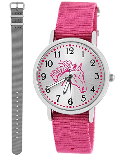Pacific Time Mädchen Armbanduhr Uhr Pferd Pferdemotiv analog Quarz 2 Textilarmband 10030 Rosa Grau von Pacific Time
