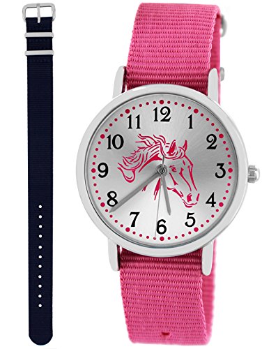 Pacific Time Mädchen Armbanduhr Uhr Pferd Pferdemotiv analog Quarz 2 Textilarmband 10031 Rosa Blau von Pacific Time