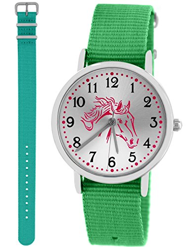 Pacific Time Mädchen Armbanduhr Uhr Pferd Pferdemotiv analog Quarz 2 Textilarmband 10033 Türkis Grün von Pacific Time
