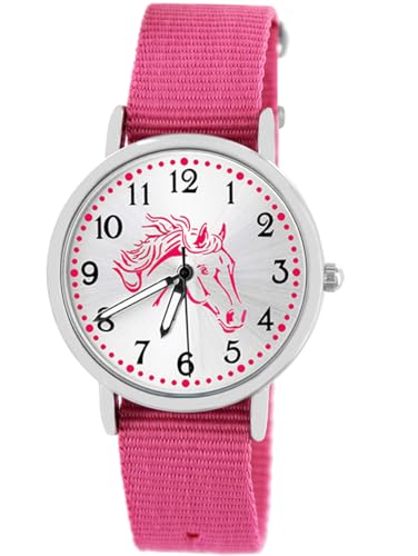 Pacific Time Kinderuhr Mädchen – Pferde Armbanduhr rosa Leutzeiger Nylonband 16mm 86528 von Pacific Time