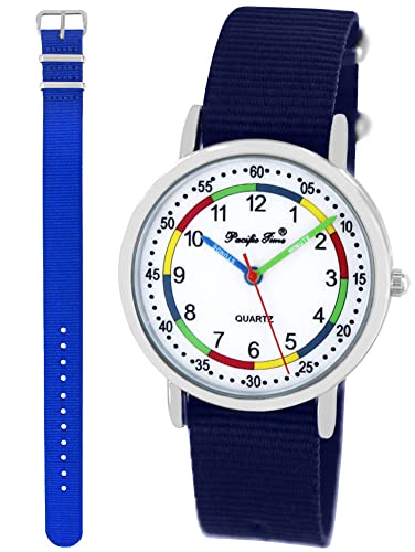 Pacific Time Lernuhr Jungen Mädchen Kinder Armbanduhr 2 Armband dunkelblau + Royalblau analog Quarz 11011 von Pacific Time