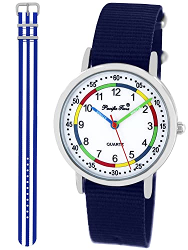 Pacific Time Lernuhr Jungen Mädchen Kinder Armbanduhr 2 Armband dunkelblau + blau-Weiss analog Quarz 11011 von Pacific Time