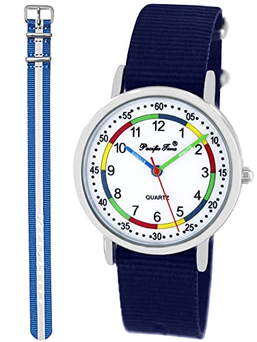 Pacific Time Lernuhr Jungen Mädchen Kinder Armbanduhr 2 Armband dunkelblau + blau reflektierend analog Quarz 11009 von Pacific Time