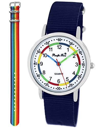 Pacific Time Lernuhr Jungen Mädchen Kinder Armbanduhr 2 Armband dunkelblau + bunter Regenbogen analog Quarz 11004 von Pacific Time