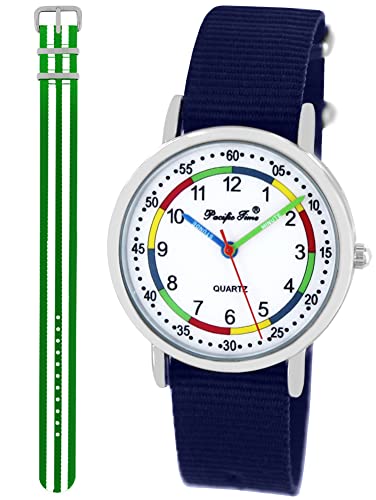 Pacific Time Lernuhr Jungen Mädchen Kinder Armbanduhr 2 Armband dunkelblau + grün-Weiss analog Quarz 11003 von Pacific Time