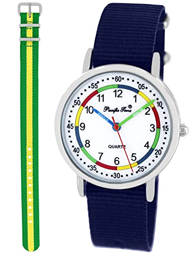 Pacific Time Lernuhr Jungen Mädchen Kinder Armbanduhr 2 Armband dunkelblau + grün-gelb analog Quarz 11002 von Pacific Time