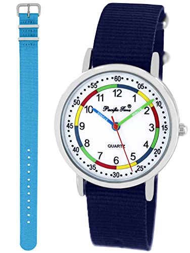 Pacific Time Lernuhr Jungen Mädchen Kinder Armbanduhr 2 Armband dunkelblau + hellblau analog Quarz 11010 von Pacific Time