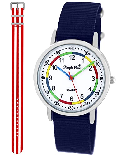 Pacific Time Lernuhr Jungen Mädchen Kinder Armbanduhr 2 Armband dunkelblau + rot-Weiss analog Quarz 11013 von Pacific Time