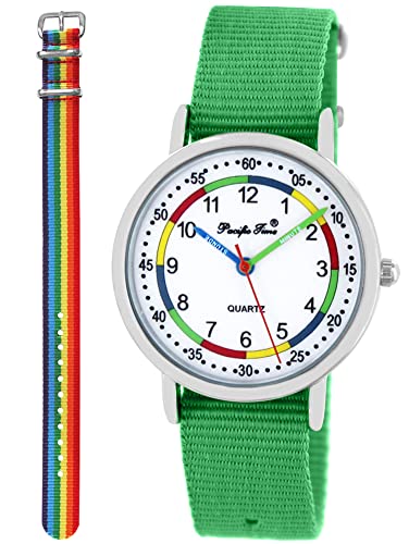 Pacific Time Lernuhr Mädchen Jungen Kinder Armbanduhr 2 Armband grün + Regenbogen analog Quarz 11068 von Pacific Time