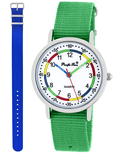 Pacific Time Lernuhr Mädchen Jungen Kinder Armbanduhr 2 Armband grün + Royalblau analog Quarz 11067 von Pacific Time