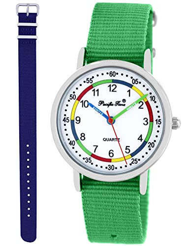 Pacific Time Lernuhr Mädchen Jungen Kinder Armbanduhr 2 Armband grün + dunkel blau analog Quarz 11066 von Pacific Time