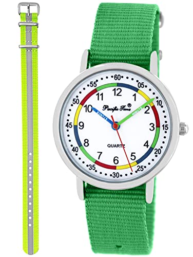 Pacific Time Lernuhr Mädchen Jungen Kinder Armbanduhr 2 Armband grün + gelb reflektierend analog Quarz 11071 von Pacific Time
