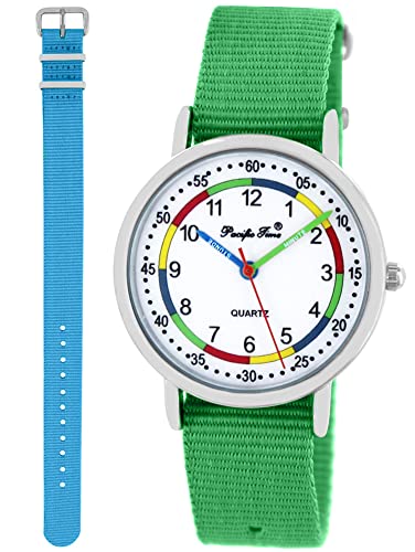 Pacific Time Lernuhr Mädchen Jungen Kinder Armbanduhr 2 Armband grün + hell blau analog Quarz 11065 von Pacific Time