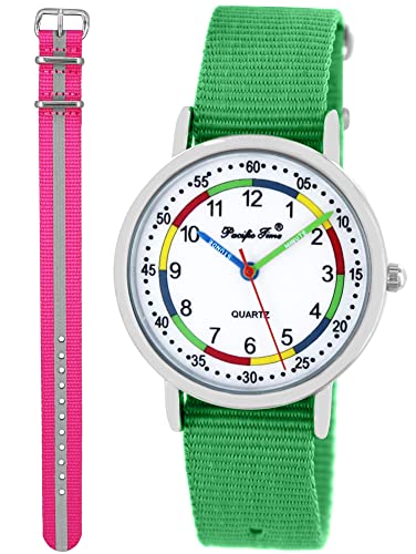 Pacific Time Lernuhr Mädchen Jungen Kinder Armbanduhr 2 Armband grün + pink reflektierend analog Quarz 11072 von Pacific Time