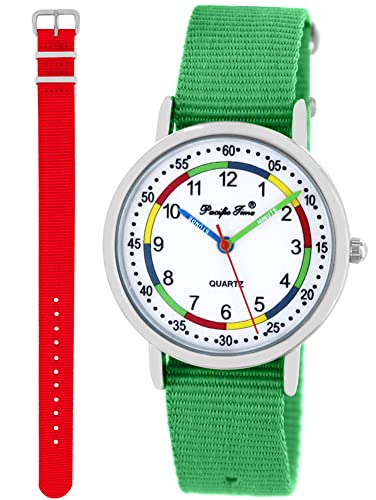 Pacific Time Lernuhr Mädchen Jungen Kinder Armbanduhr 2 Armband grün + rot analog Quarz 11070 von Pacific Time