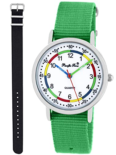 Pacific Time Lernuhr Mädchen Jungen Kinder Armbanduhr 2 Armband grün + schwarz analog Quarz 11069 von Pacific Time