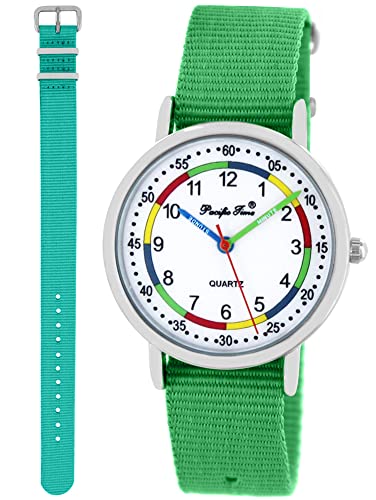 Pacific Time Lernuhr Mädchen Jungen Kinder Armbanduhr 2 Armband grün + türkis analog Quarz 11063 von Pacific Time