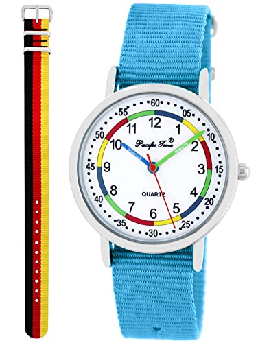 Pacific Time Lernuhr Mädchen Jungen Kinder Armbanduhr 2 Armband hellblau + Deutschland analog Quarz 11049 von Pacific Time
