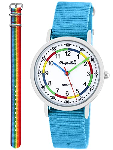 Pacific Time Lernuhr Mädchen Jungen Kinder Armbanduhr 2 Armband hellblau + Regenbogen analog Quarz 11042 von Pacific Time