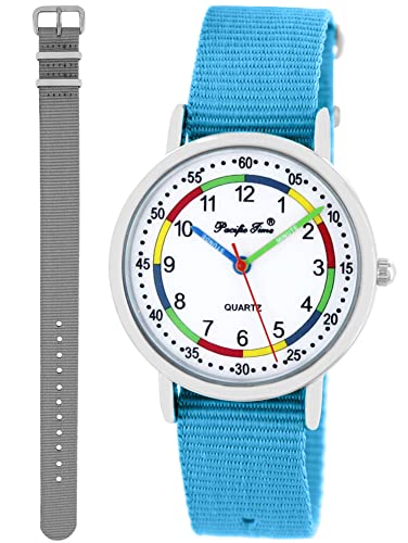 Pacific Time Lernuhr Mädchen Jungen Kinder Armbanduhr 2 Armband hellblau + grau analog Quarz 11041 von Pacific Time