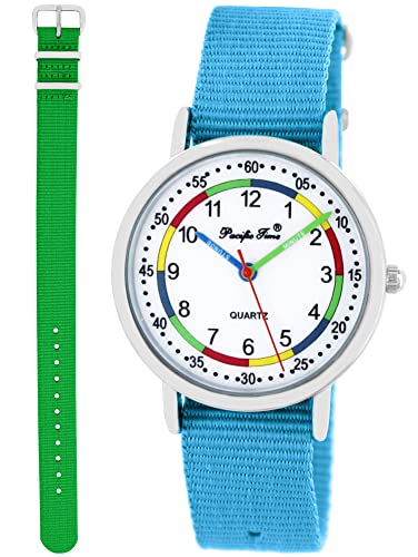 Pacific Time Lernuhr Mädchen Jungen Kinder Armbanduhr 2 Armband hellblau + grün analog Quarz 11039 von Pacific Time