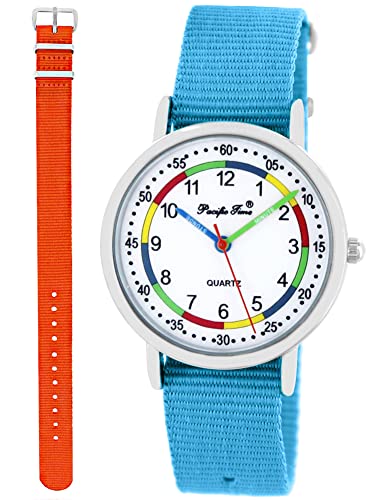 Pacific Time Lernuhr Mädchen Jungen Kinder Armbanduhr 2 Armband hellblau + orange analog Quarz 11048 von Pacific Time