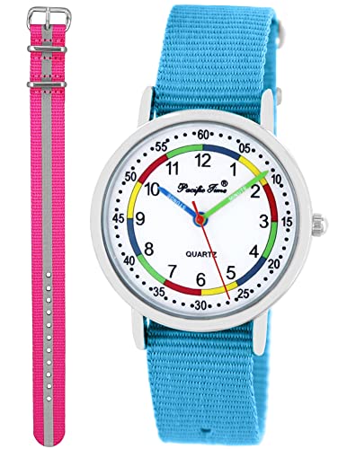 Pacific Time Lernuhr Mädchen Jungen Kinder Armbanduhr 2 Armband hellblau + pink reflektierend analog Quarz 11046 von Pacific Time