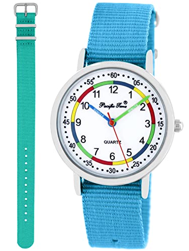 Pacific Time Lernuhr Mädchen Jungen Kinder Armbanduhr 2 Armband hellblau + türkis analog Quarz 11036 von Pacific Time