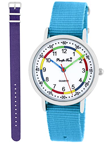 Pacific Time Lernuhr Mädchen Jungen Kinder Armbanduhr 2 Armband hellblau + violett analog Quarz 11038 von Pacific Time