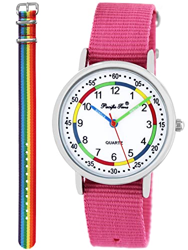 Pacific Time Lernuhr Mädchen Jungen Kinder Armbanduhr 2 Armband rosa + Regenbogen analog Quarz 11035 von Pacific Time