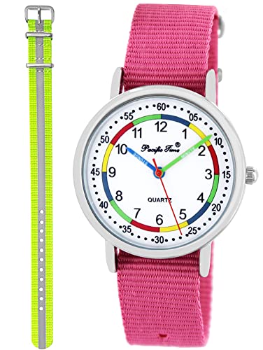 Pacific Time Lernuhr Mädchen Jungen Kinder Armbanduhr 2 Armband rosa + gelb reflektierend analog Quarz 11029 von Pacific Time