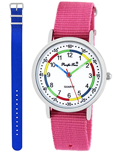 Pacific Time Lernuhr Mädchen Jungen Kinder Armbanduhr 2 Armband rosa + royal blau analog Quarz 11034 von Pacific Time