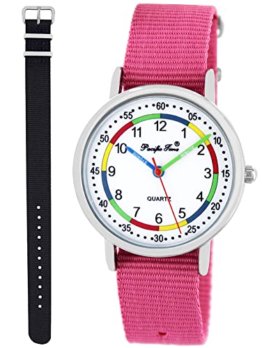 Pacific Time Lernuhr Mädchen Jungen Kinder Armbanduhr 2 Armband rosa + schwarz analog Quarz 11027 von Pacific Time