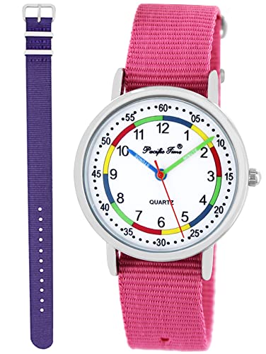 Pacific Time Lernuhr Mädchen Jungen Kinder Armbanduhr 2 Armband rosa + violett analog Quarz 11025 von Pacific Time