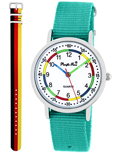 Pacific Time Lernuhr Mädchen Jungen Kinder Armbanduhr 2 Armband türkis + Deutschland analog Quarz 11061 von Pacific Time