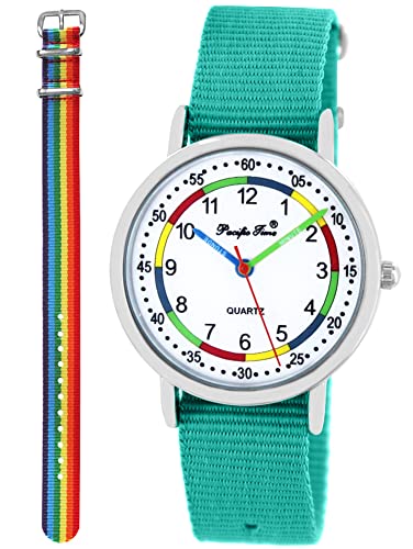 Pacific Time Lernuhr Mädchen Jungen Kinder Armbanduhr 2 Armband türkis + Regenbogen analog Quarz 11054 von Pacific Time