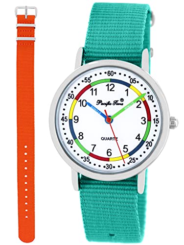 Pacific Time Lernuhr Mädchen Jungen Kinder Armbanduhr 2 Armband türkis + orange analog Quarz 11060 von Pacific Time