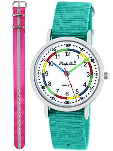 Pacific Time Lernuhr Mädchen Jungen Kinder Armbanduhr 2 Armband türkis + pink reflektierend analog Quarz 11058 von Pacific Time