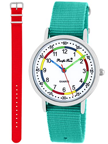 Pacific Time Lernuhr Mädchen Jungen Kinder Armbanduhr 2 Armband türkis + rot analog Quarz 11056 von Pacific Time