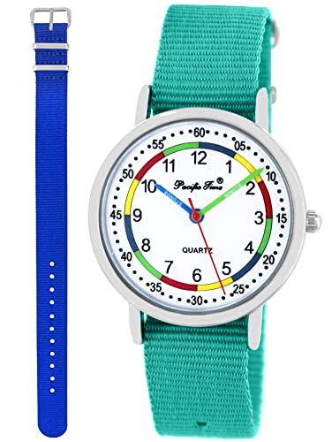 Pacific Time Lernuhr Mädchen Jungen Kinder Armbanduhr 2 Armband türkis + royal blau analog Quarz 11053 von Pacific Time