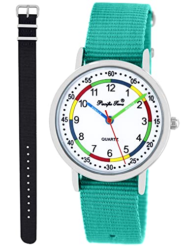 Pacific Time Lernuhr Mädchen Jungen Kinder Armbanduhr 2 Armband türkis + schwarz analog Quarz 11055 von Pacific Time
